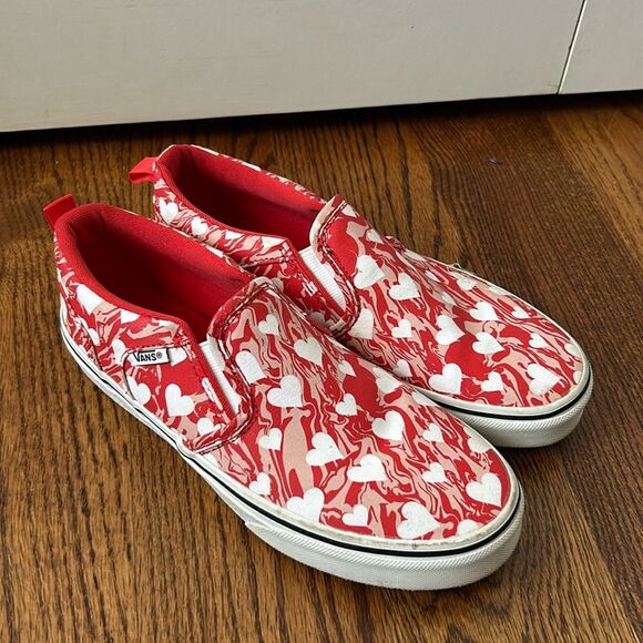 VANS Asher Marble Hearts Red Slip On Sneaker Sz 5 - Picture 1 of 5